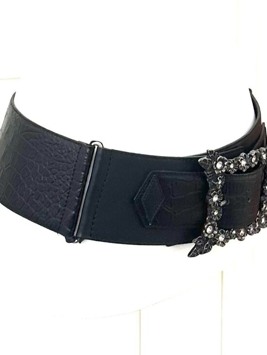Vitanuova Firenze Leather Statement Belt Rhinestone Metal Floral Buckle main image 6